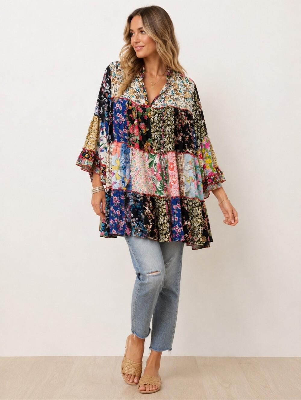 Young Threads Patchwork Floral Boho Babydoll Tunic Top Multicolor Size M NWT